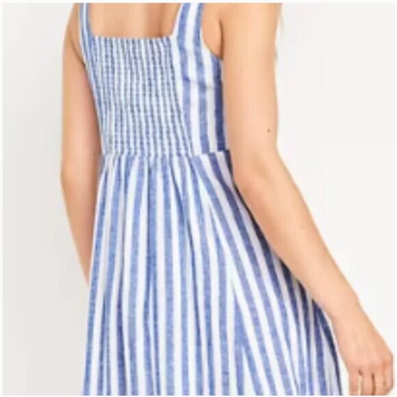 Fit & Flare Blue & White Striped Linen-Blend Midi Tank Dress XL Petite - Picture 2 of 9